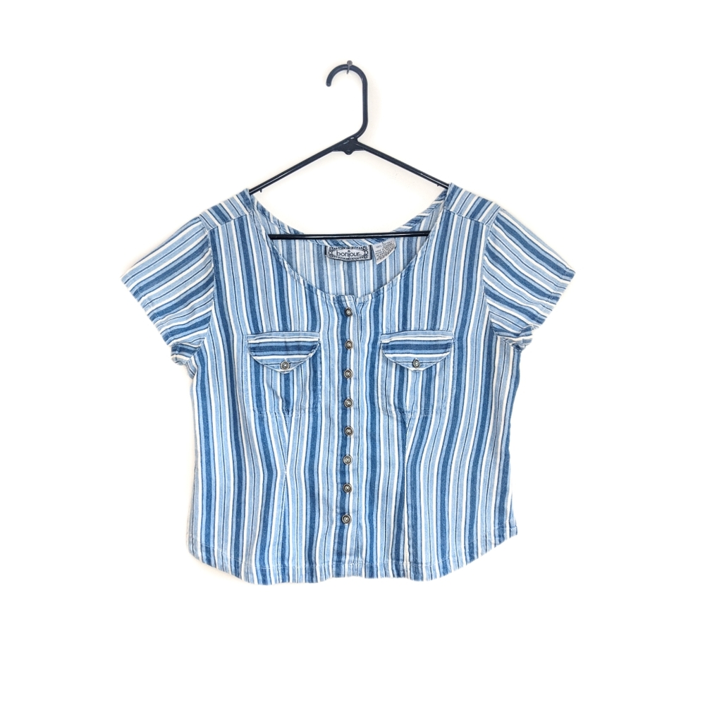 Vintage 90s Blue/White Striped Button Up Scoop Neck Soft Grunge/Cottagecore Tee
